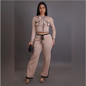 Bow Button Front Knit Top and Pants Set